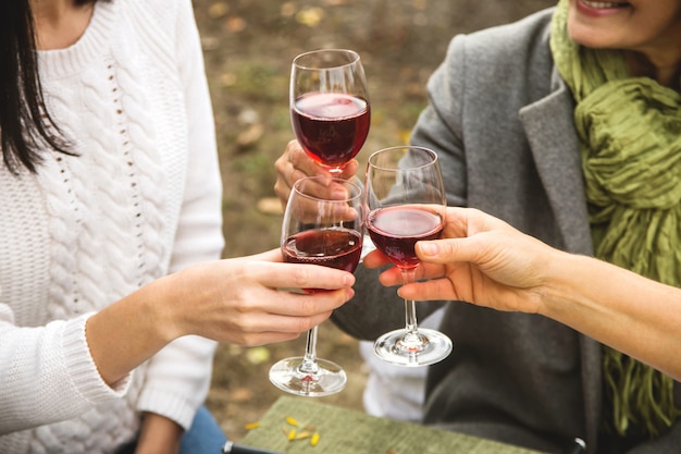 Women clink glasses with wine at autumn family dinner.