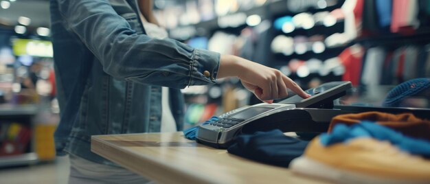 Photo women at the clothing counter are paying with their smartphones through a contactless nfc terminal at a department store shopping center mall closeup of the woman39s mobile phone