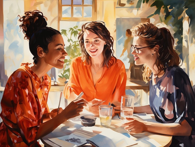 Women in coffee shop talking friendly communication