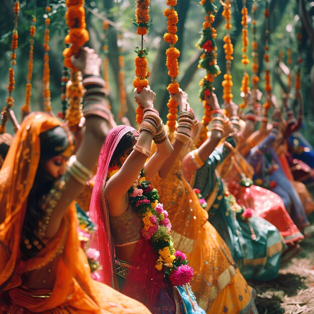 Foto donne in sari colorati che ballano nella foresta