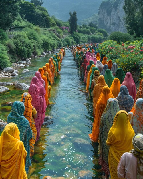 Photo women congregating by the riverside background