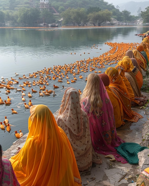 Photo women congregating by the riverside wallpaper