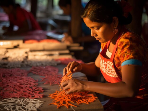 Фото Женщины создают красочные бумажные украшения papel picado