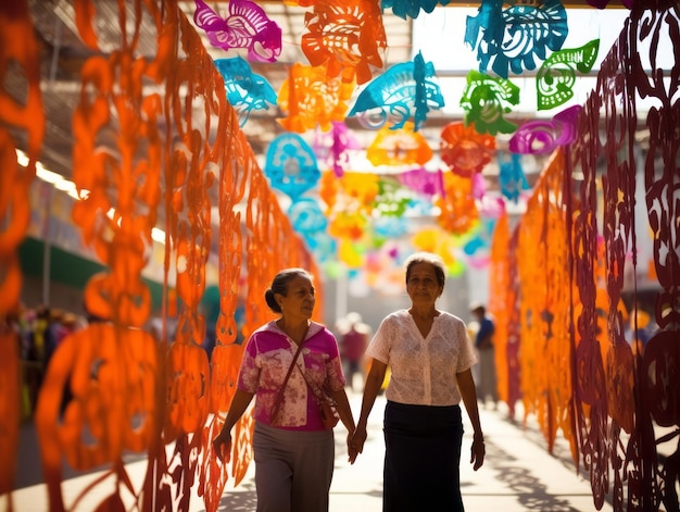 Women create papel picado colorful paper decorations