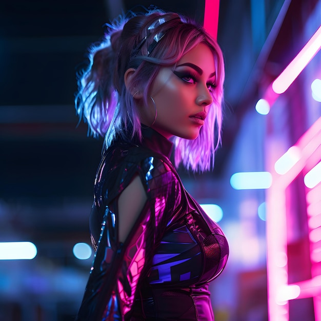 women in a cyberpunk future neon lights shining on body