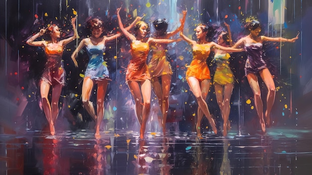 雨の中で踊る女性たち 生成 AI で作られたクリエイティブ アート画像