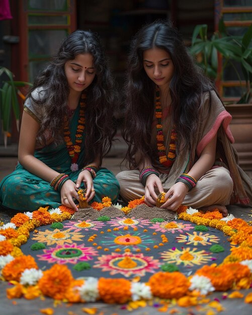 Foto donne che decorano un cortile sullo sfondo