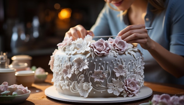 写真 自家製のデザートをテーブルに飾る女性 aiによって生成された甘い食べ物の祝い