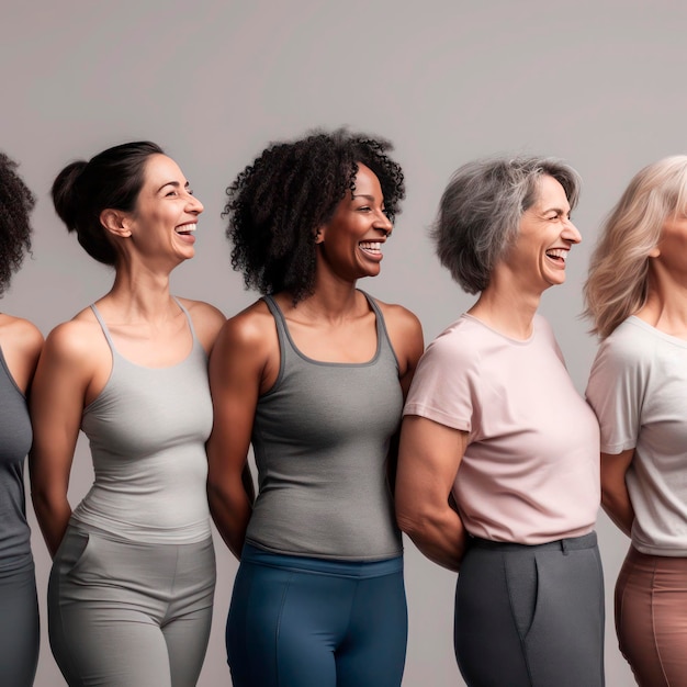 Women of different ages together on a gray background Multiethnic group of diverse women