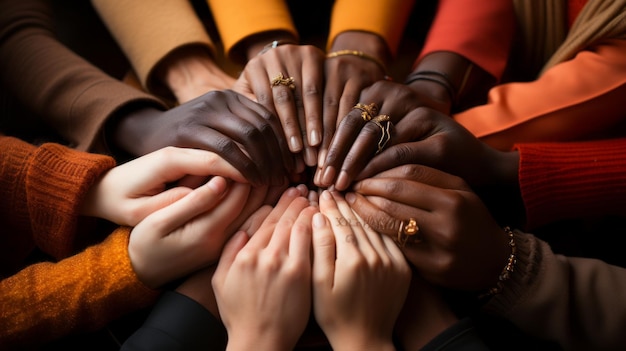 women of different races with their hands joined in support black brown and white