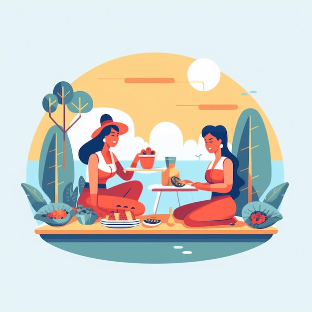 Women eating breakfast in the park Vector illustration in flat style