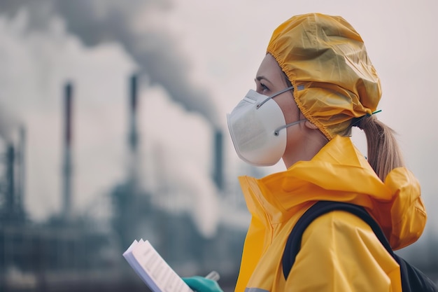 노란색 보호 옷을 입은 여성 생태학자가 대기 오염을 평가하고 있습니다.