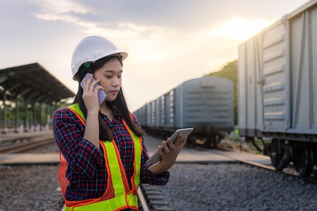 Ingegnere ferroviario donna che indossa un'uniforme di sicurezza con tablet e telefono parlante a portata di mano per l'ispezione e il controllo della distribuzione ferroviaria dei camion container.