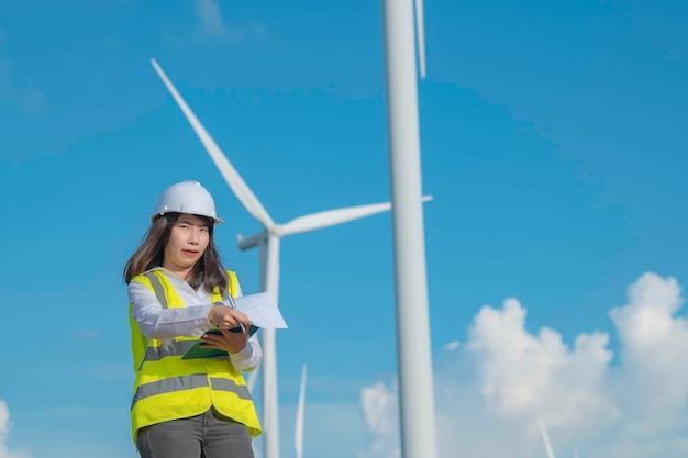 Women engineer working and holding the report at wind turbine farm Power Generator Station on mountainThailand people