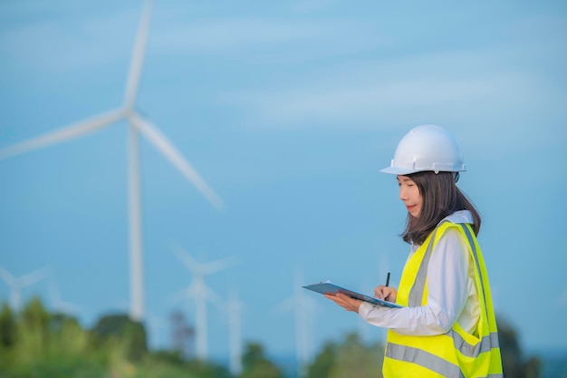 Women engineer working and holding the report at wind turbine farm Power Generator Station on mountainThailand people