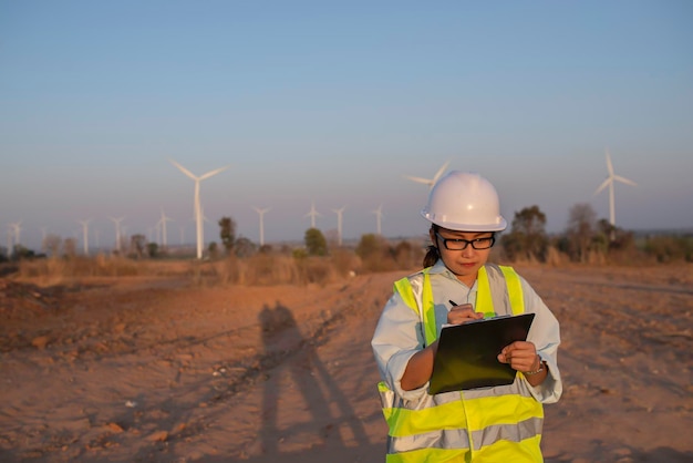 Women engineer working and holding the report at wind turbine farm Power Generator Station on mountainThailand people