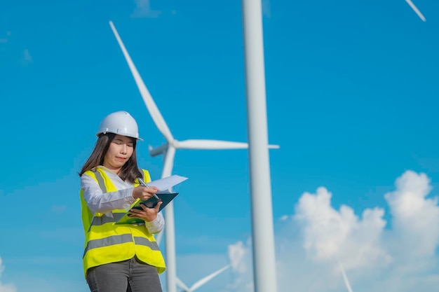 Women engineer working and holding the report at wind turbine farm Power Generator Station on mountainThailand people