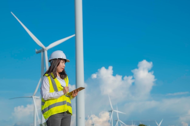 Women engineer working and holding the report at wind turbine farm Power Generator Station on mountainThailand people