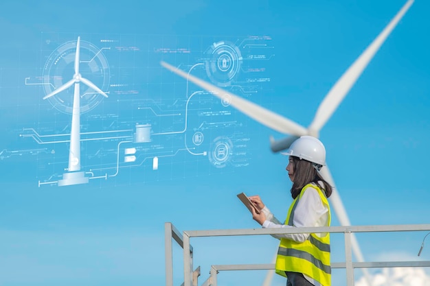 Women engineer working and holding the report at wind turbine farm Power Generator Station on mountainThailand people