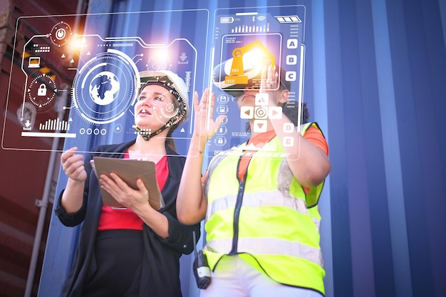 women engineer working with vr visual screen technology for import export shipment delivery