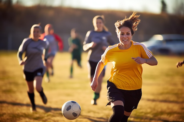 Женщины наслаждаются дружеской футбольной схваткой, женщина играет в футбол