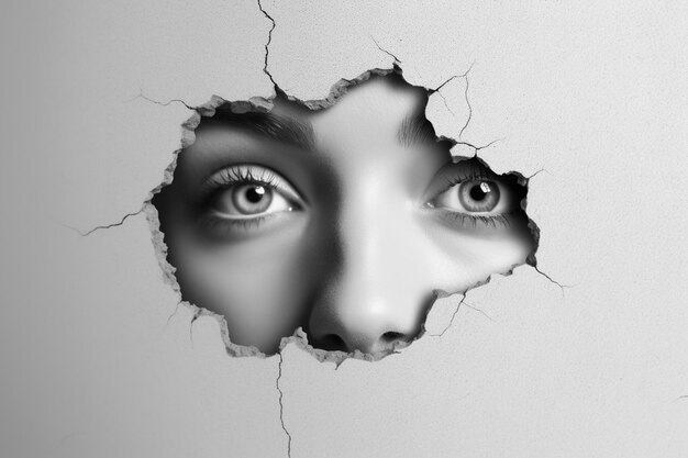 Photo women eye peeping through hole in concrete wall black and white