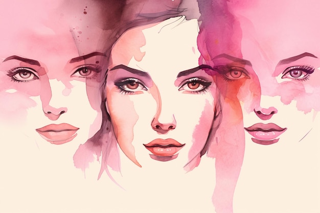 Фото Женщины сталкиваются с акварельной иллюстрацией горизонтального копирования пространства на пастельном розовом