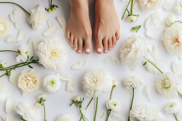 Photo women feet with perfect pedicure on a pastel white background with fresh white flowers and ranunculu