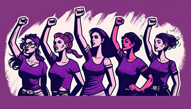 Женщины, борющиеся за свои права, устали от многолетнего неравенства Расширение прав и возможностей женщин Цветная иллюстрация Генеративный ИИ