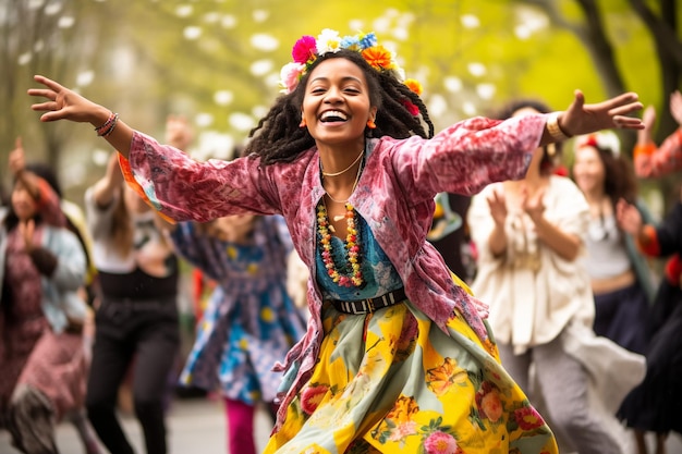 Photo women in flower wreath dance on sunny meadow floral crown symbol of summer solstice spring equinox dance ceremony