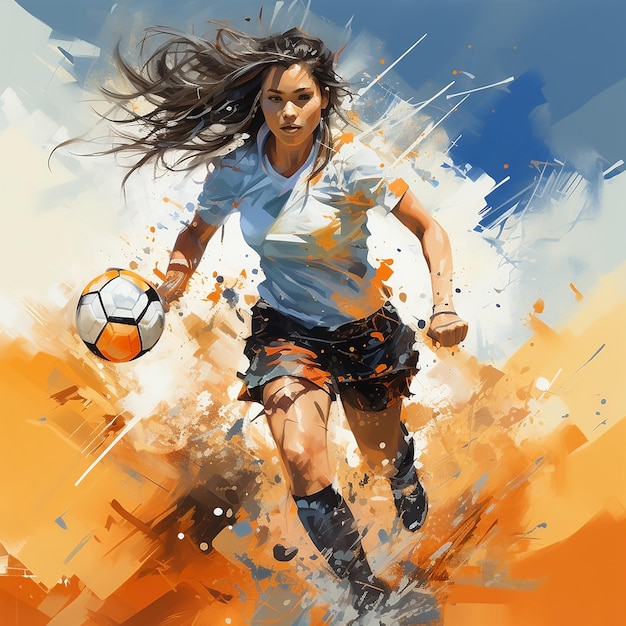 Women football payer running forward with a soccer ball