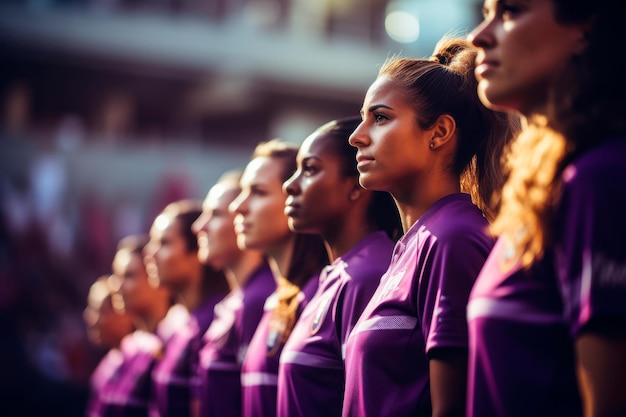 여성 축구 선수들이 경기 전에 줄을 서고 있습니다. 생성 AI 기술로 만들어졌습니다.