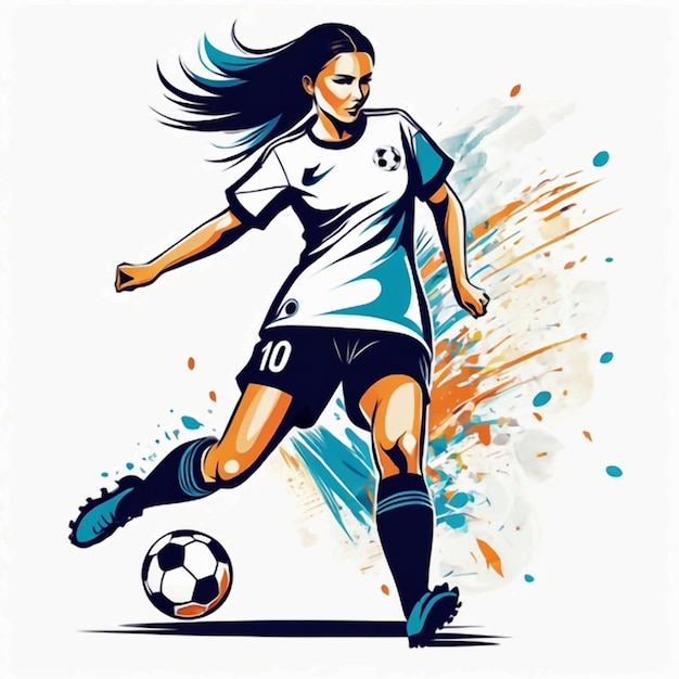 Женская футболистка пинает футбольный мяч.