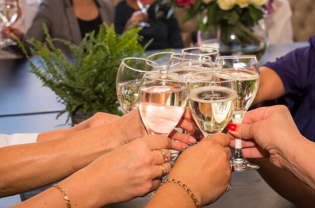 Women friends toast with white wine glasses.