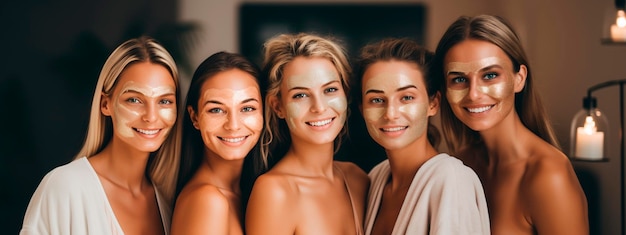 Foto amici donne che indossano maschere per il viso della spa focalizzazione selettiva