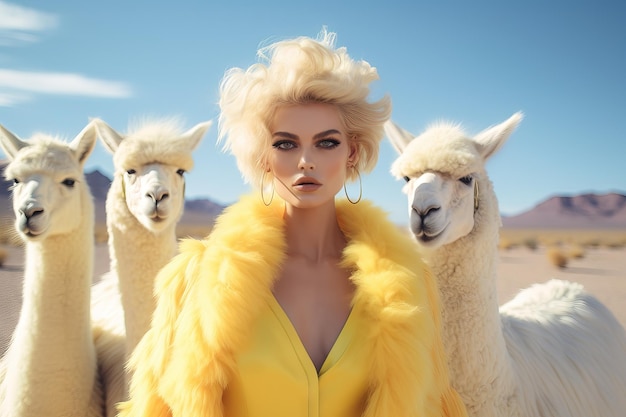 women futuristic fashion photography pastel color alpacas Generative AI