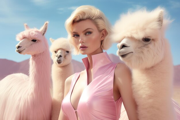 women futuristic fashion photography pastel color alpacas Generative AI