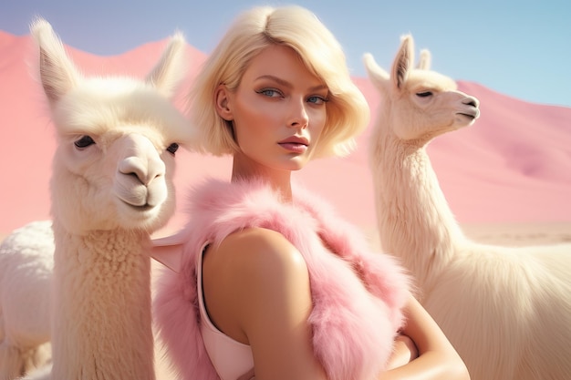 women futuristic fashion photography pastel color alpacas Generative AI