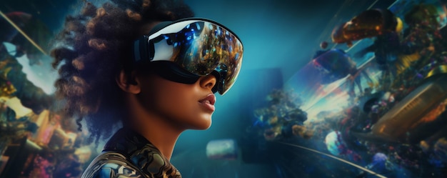 미래의 VR 구글을 입은 여성들은 우주 배너처럼 느지는 세계를 탐험하고 있습니다.