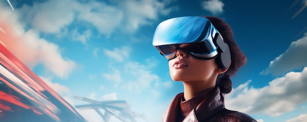 Women in futuristic VR googles is exploring world with feeling like in space banner Generative Ai