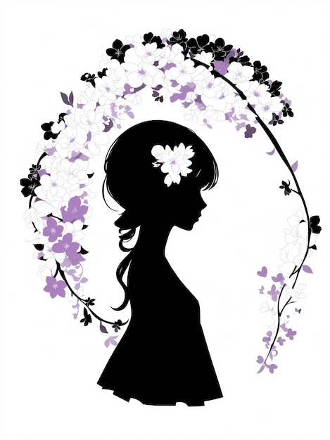 Women girl silhoutte with flowers for beauty salon logo or for wedding invitation background