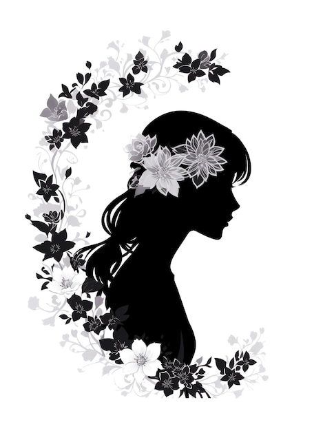 Women girl silhoutte with flowers for beauty salon logo or for wedding invitation background