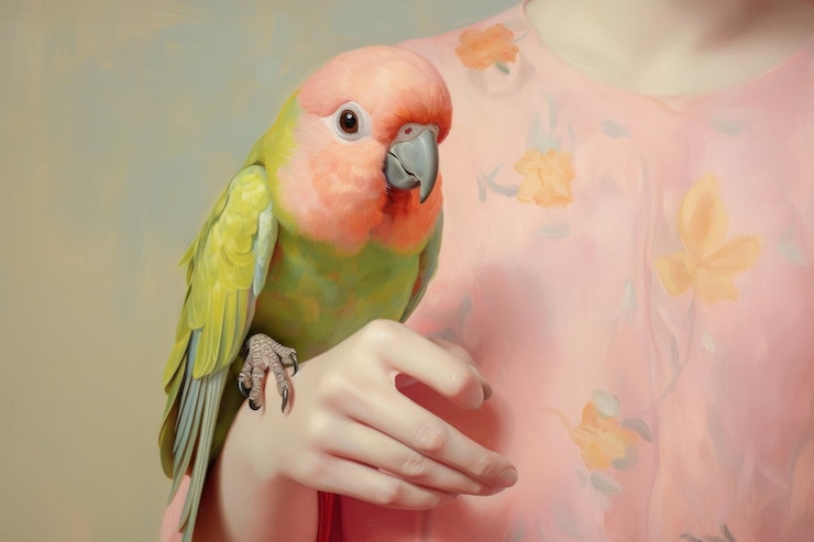 Photo women hand holding a small pink parrot painting animal bird