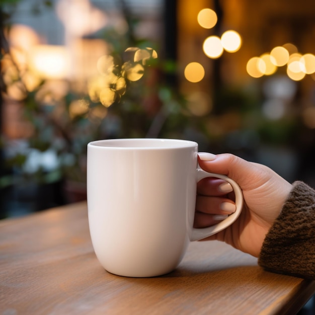 Women hand holding a white coffee mug close up with blur background of cafe