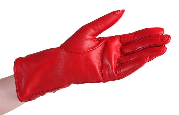 Женщины в красной кожаной перчатке изолированы на белом