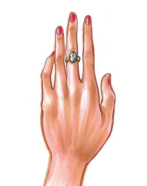 Women hand with a diamond. Ink and watercolor drawing