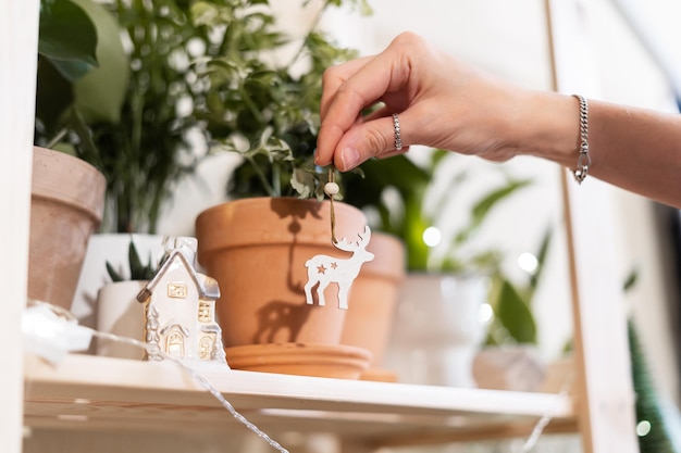 Women hands with christmas ball among plants decoration and lights