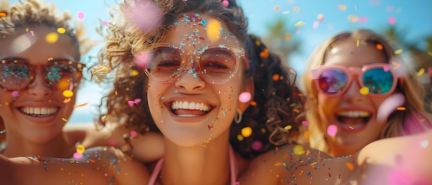 Foto donne che lanciano felicemente confetti per festeggiare il lancio di un prodotto di successo concept company event product launch celebration confetti toss women smiling