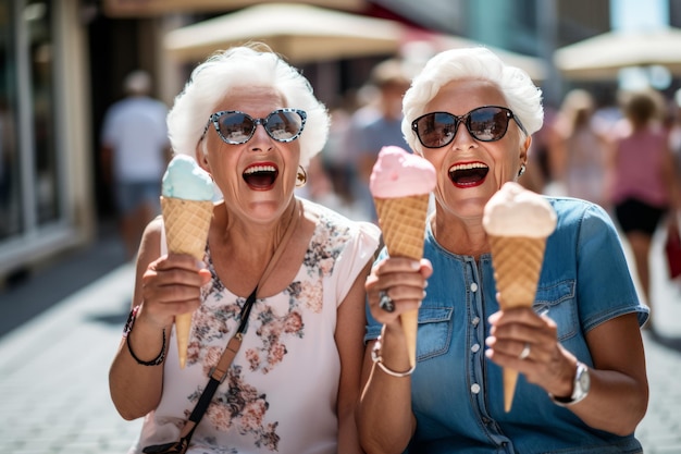 Women having fun and having ice cream cones in the city street in the style of grandparentcore