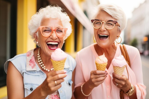 Women having fun and having ice cream cones in the city street in the style of grandparentcore